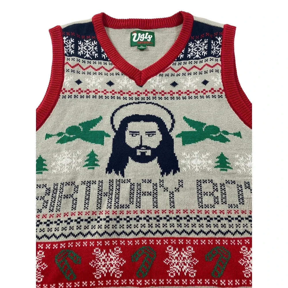 The Ugly Sweater Co Jesus Birthday Boy Christmas Sweater Vest Mens XL Grey Red